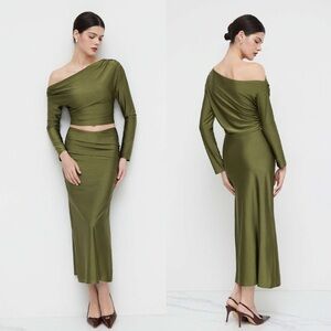 Olive Asymmetrical crop top coord set with long ruched skirt